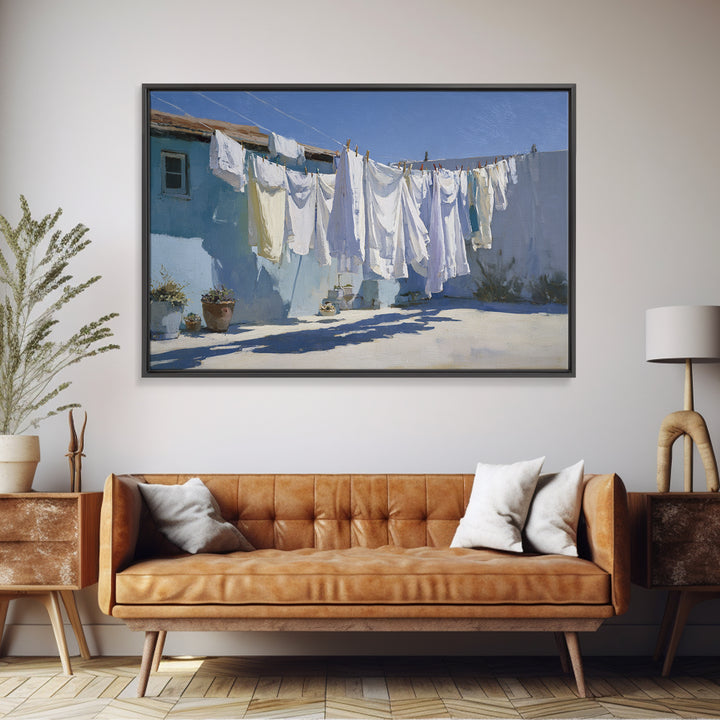 Clothesline with White Linens Blowing in Sunshine Canvas Print, Laundry Room Art, Gallery Wall Prints, Living Room Decor, Clean, LRA-3x2-29