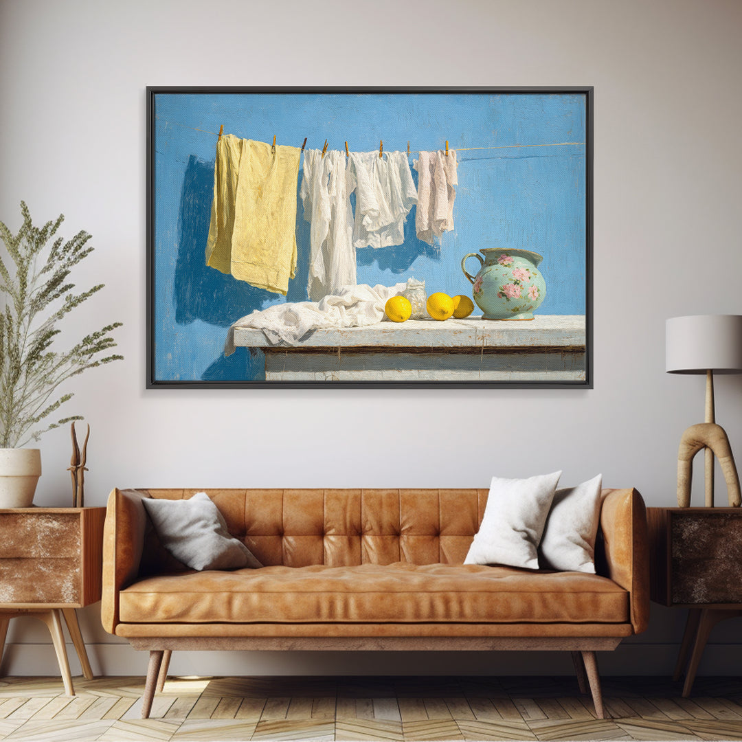 Lemon and Clean Linen Still Life Framed Canvas Print, Laundry Room Art, Living Room Decor, Abstract Art, Clean, LRA-3x2-31
