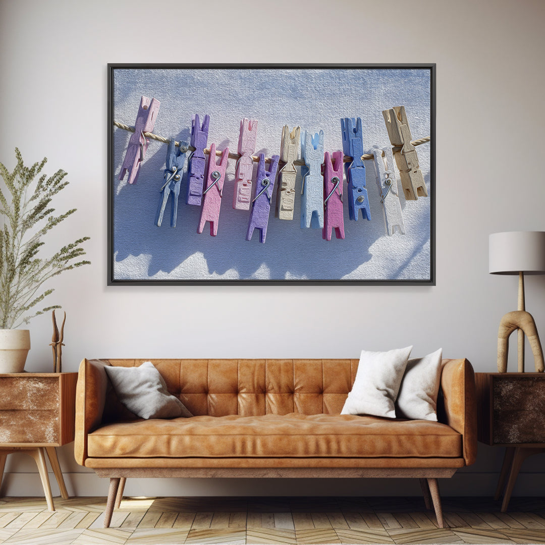 Cheerful Clothespins Arranged as Pattern Canvas Print, Laundry Room Art, Farmhouse Wall Decor, Living Room Decor, Clean, LRA-3x2-32