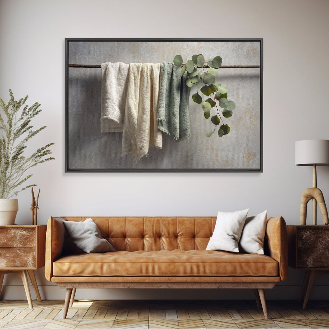Sunlit White Towels and Eucalyptus Branch Framed Canvas Print, Laundry Room Art, Neutral Decor, Living Room Decor, LRA-3x2-39