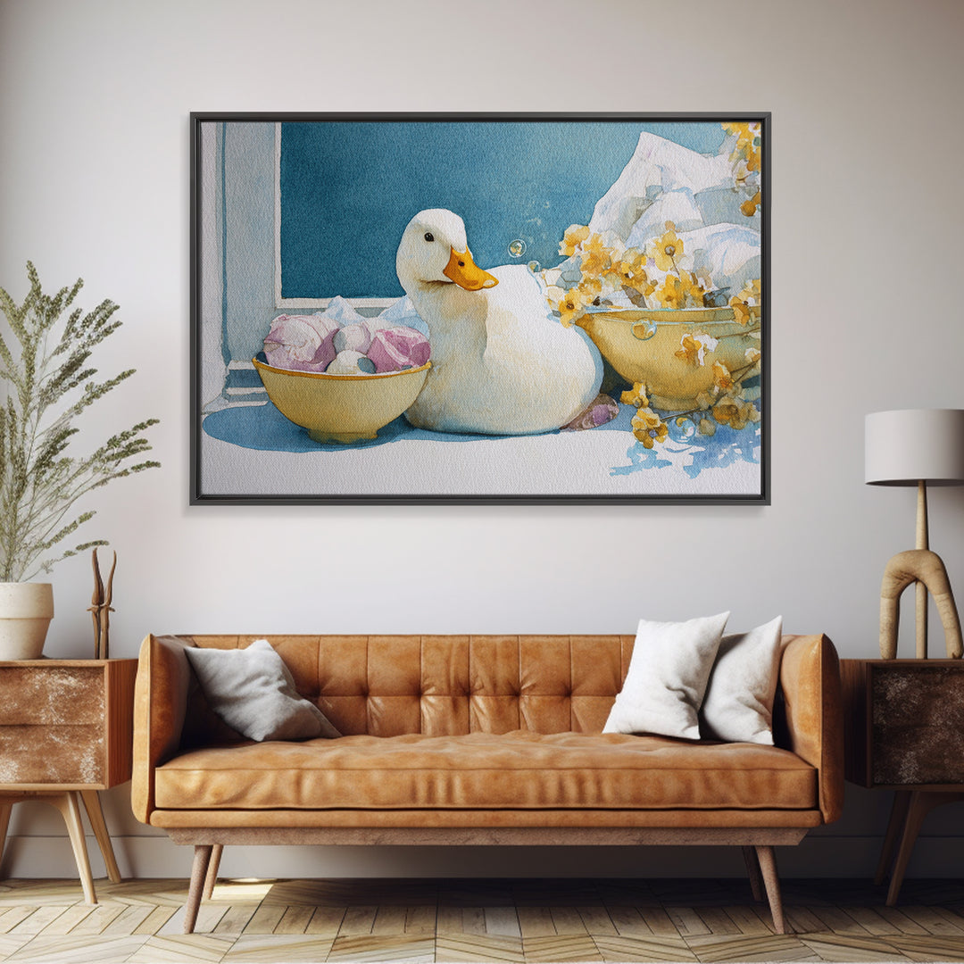 Duck and Bubbles Whimsical Watercolor Canvas Print, Laundry Room Art, Digital Art Print, Living Room Decor, Abstract Art, Clean, LRA-3x2-43