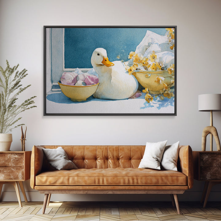 Duck and Bubbles Whimsical Watercolor Canvas Print, Laundry Room Art, Digital Art Print, Living Room Decor, Abstract Art, Clean, LRA-3x2-43