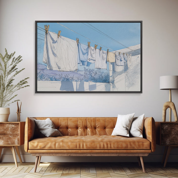Simple Line Drawing of Hanging Laundry Canvas Print, Laundry Room Art, Custom Wall Art, Living Room Decor, Abstract Art, Clean, LRA-3x2-44