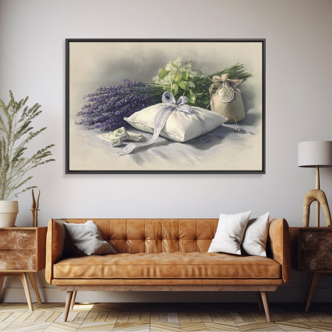 Lavender Sachet and Ribbon Still Life Framed Canvas Print, Laundry Room Art, Downloadable Art, Living Room Decor, Clean, LRA-3x2-45