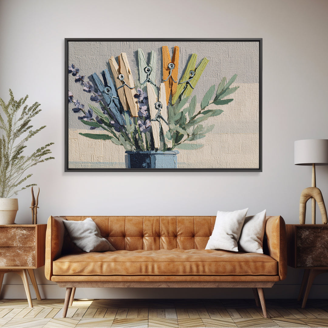 Clothespin Bouquet in Folk Art Style Canvas Print, Laundry Room Art, Farmhouse Wall Art, Living Room Decor, Fine Art, Clean, LRA-3x2-48