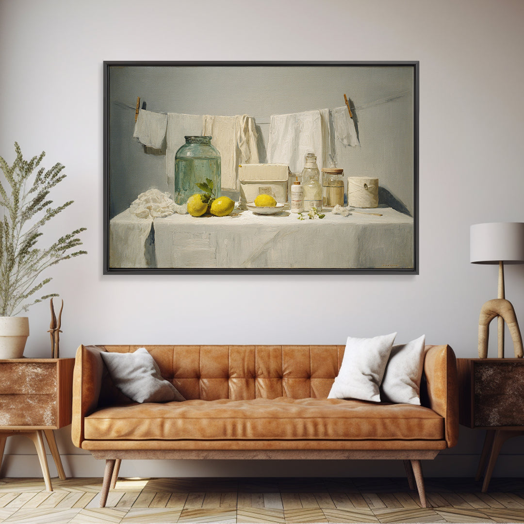 Lemon and Clean Linen Still Life Framed Canvas Print, Laundry Room Art, Digital Art, Living Room Decor, Abstract Art, Clean, LRA-3x2-55