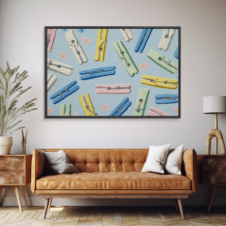 Cheerful Clothespins Arranged as Pattern Canvas Print, Laundry Room Art, Digital Art Print, Living Room Decor, Fine Art, Clean, LRA-3x2-56