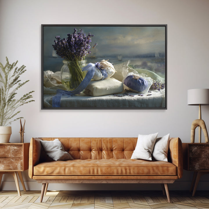 Lavender Sachet and Ribbon Still Life Framed Canvas Print, Laundry Room Art, Downloadable Art, Living Room Decor, Clean, LRA-3x2-69