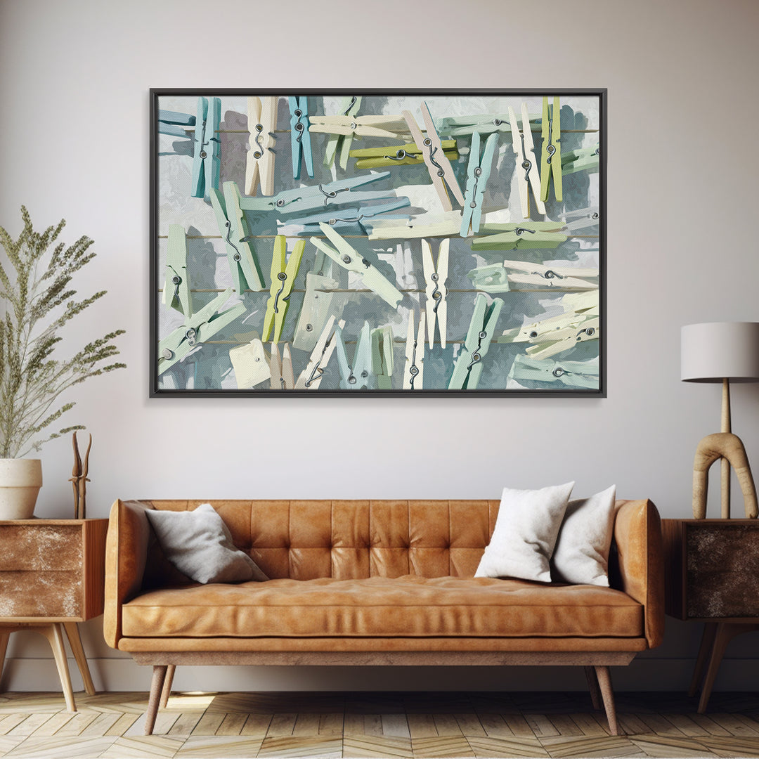 Cheerful Clothespins Arranged as Pattern Framed Canvas Print, Laundry Room Art, Farmhouse Decor, Living Room Decor, LRA-3x2-8