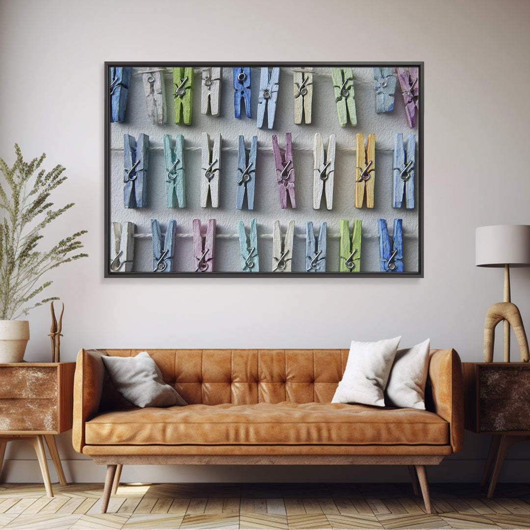 Cheerful Clothespins Arranged as Pattern Canvas Print, Laundry Room Art, Statement Artwork, Living Room Decor, Clean, LRA-3x2-80