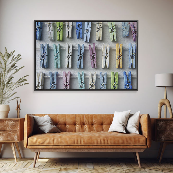 Cheerful Clothespins Arranged as Pattern Canvas Print, Laundry Room Art, Statement Artwork, Living Room Decor, Clean, LRA-3x2-80