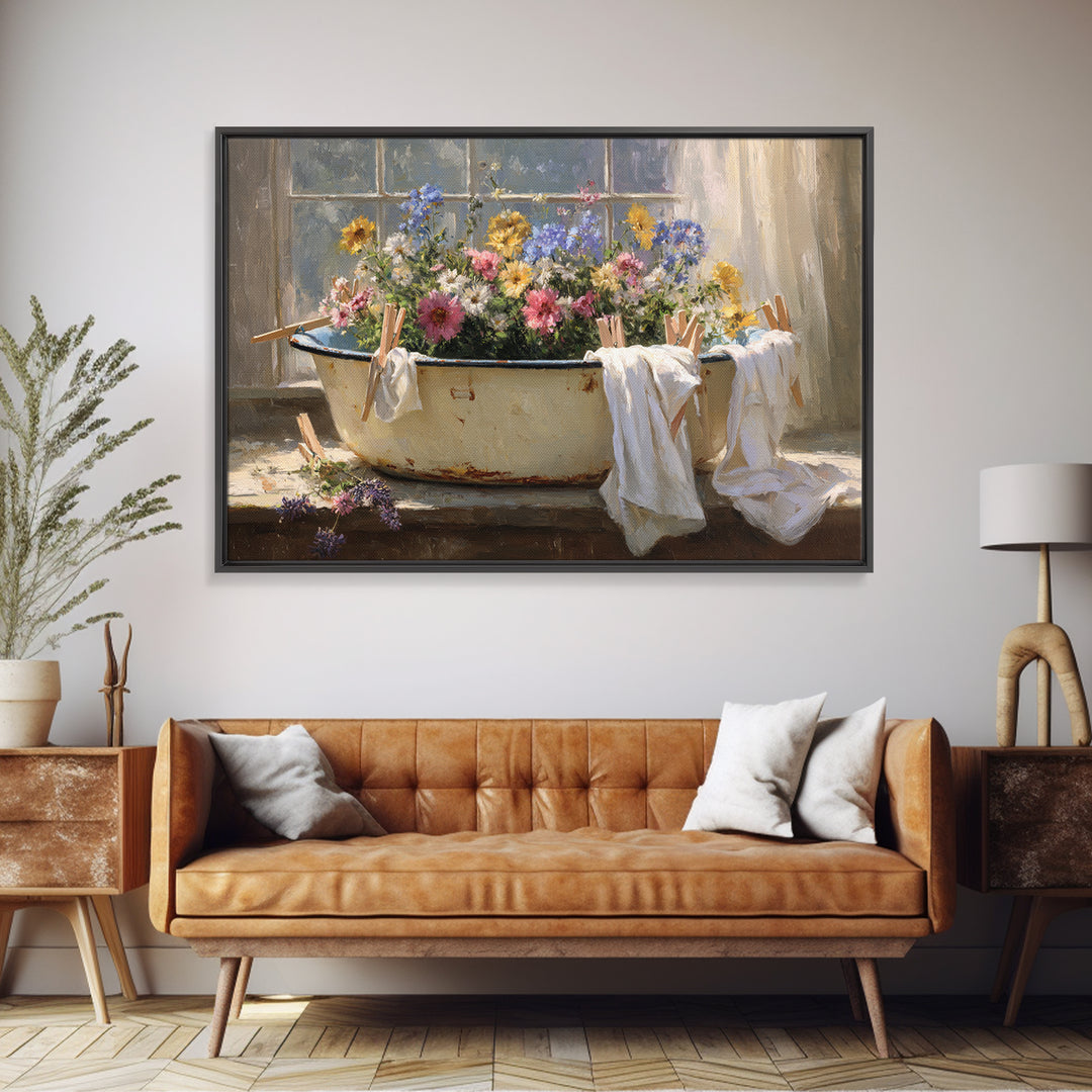 Old Enamel Basin Filled Canvas Print, Laundry Room Art, Boho Decor, Living Room Decor, Fine Art, Clean, Printable Wall Art, LRA-3x2-84