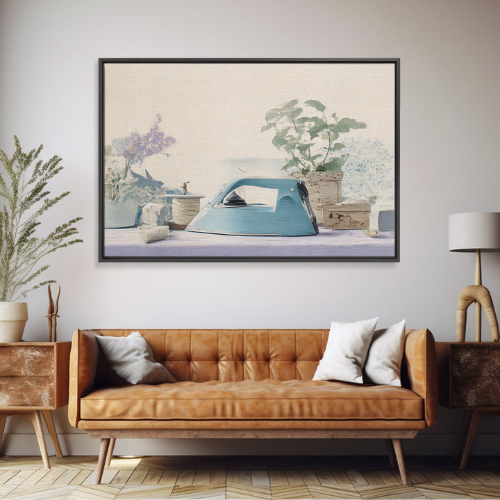 Retro Iron Illustration Framed Canvas Print, Laundry Room Art, Rustic Home Decor, Living Room Decor, Fine Art, Clean, LRA-3x2-85