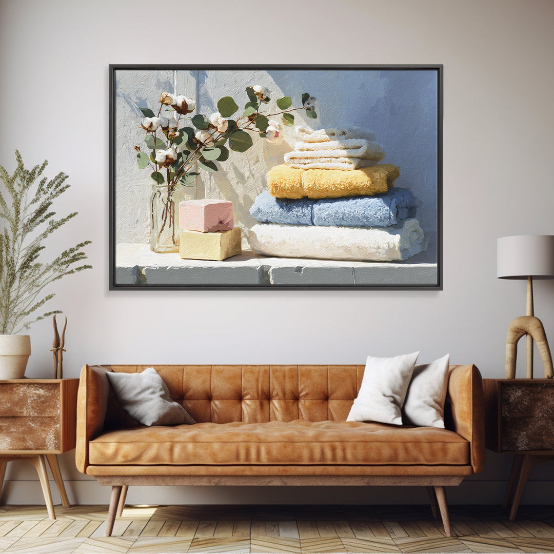 Sunlit White Towels and Eucalyptus Branch Framed Canvas Print, Laundry Room Art, Fine Art Print, Living Room Decor, Clean, LRA-3x2-87