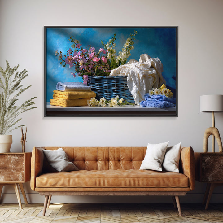 Blue Laundry Basket Framed Canvas Print, Laundry Room Art, Wall Art Print, Living Room Decor, Oil Painting, Clean, LRA-3x2-9