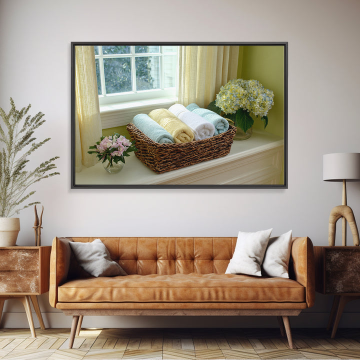 Basket of Folded Towels Framed Canvas Print, Laundry Room Art, Minimalist Wall Art, Living Room Decor, Fine Art, Clean, LRA-3x2-90