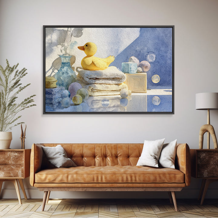 Duck and Bubbles Whimsical Watercolor Framed Canvas Print, Laundry Room Art, Painting, Living Room Decor, Oil Painting, Clean, LRA-3x2-91