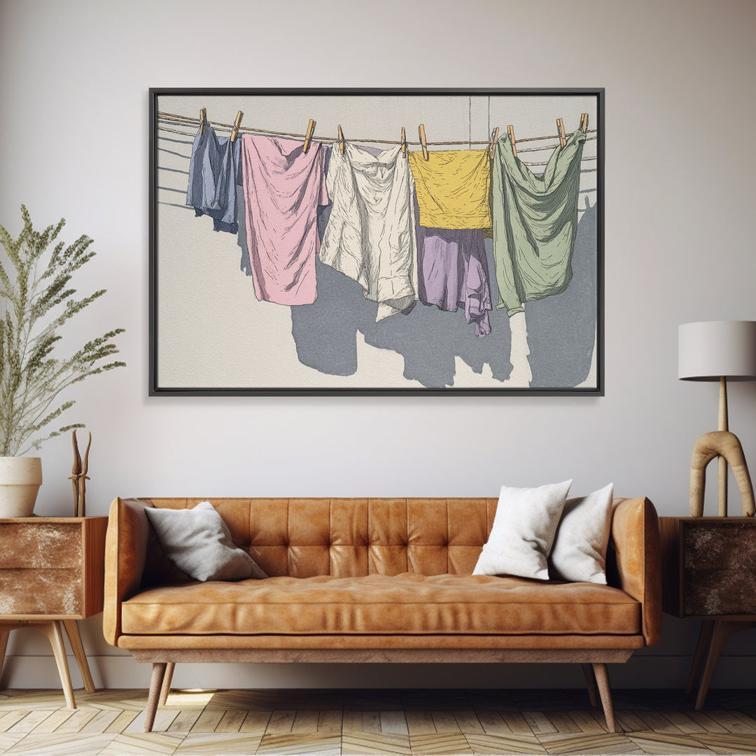 Simple Line Drawing of Hanging Laundry Framed Canvas Print, Laundry Room Art, Luxury Decor, Living Room Decor, Abstract Art, LRA-3x2-92