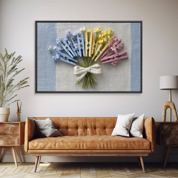 Clothespin Bouquet in Folk Art Style Framed Canvas Print, Laundry Room Art, Art Print, Living Room Decor, Fine Art, Clean, LRA-3x2-96