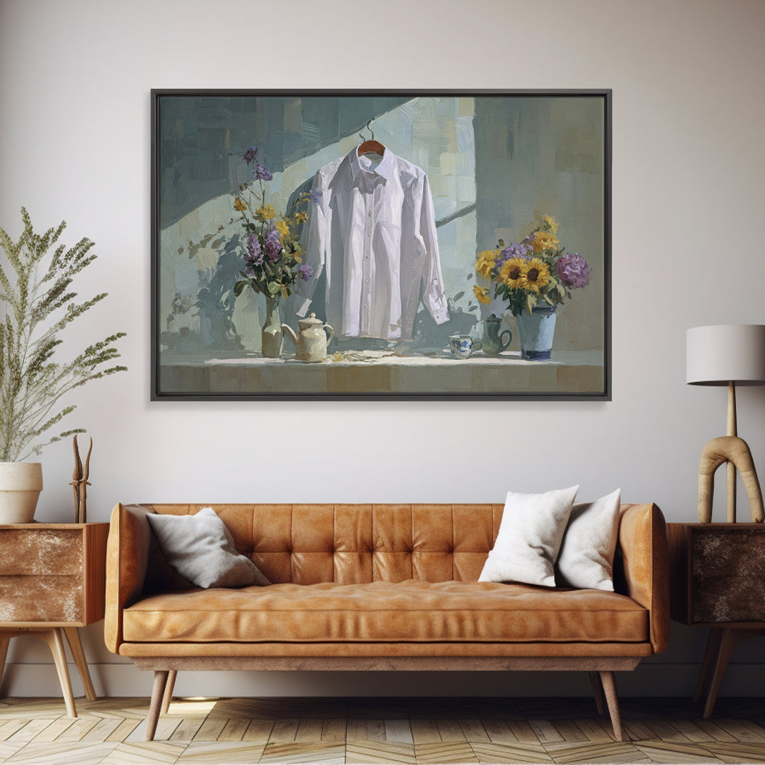 White Shirt on Hanger Framed Canvas Print, Laundry Room Art, Funny Poster, Living Room Decor, Watercolor Art, Clean, LRA-3x2-97