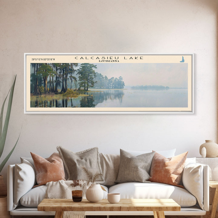 Calcasieu Lake Framed Canvas Print, Lake House Art, Panoramic Wall Art, Travel Poster, Minimalist Lake Painting, Home Decor