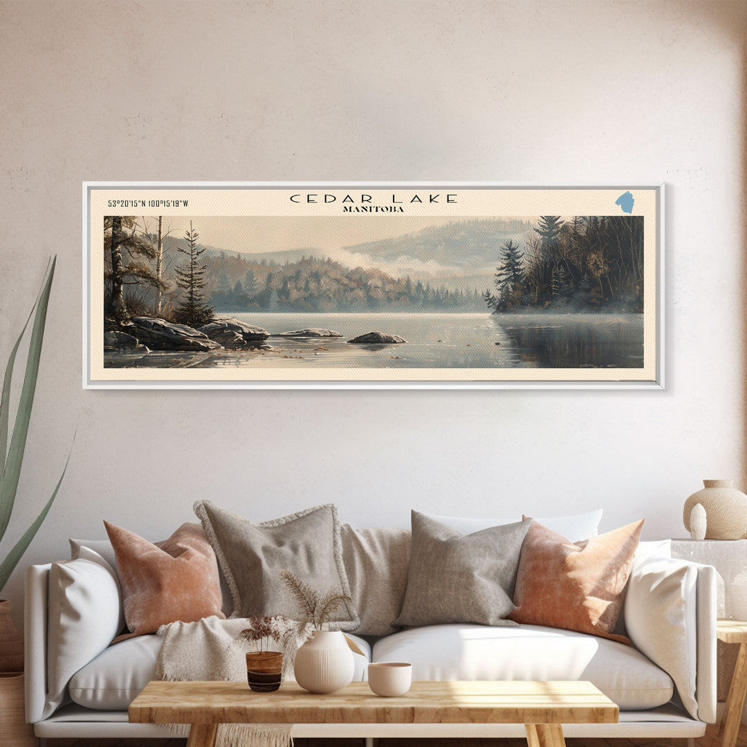 Cedar Lake Framed Canvas Print, Panoramic Lake House Decor, Wide Wall Art, Travel Poster, Rustic Lake Painting, Nature Art