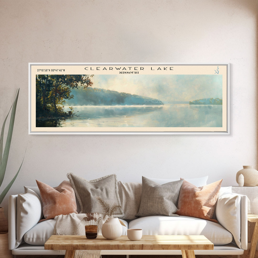 Clearwater Lake Missouri Framed Canvas Print, Lake House Decor, Panoramic Wide Art, Travel Poster, Rustic Lake Painting, Nature Art
