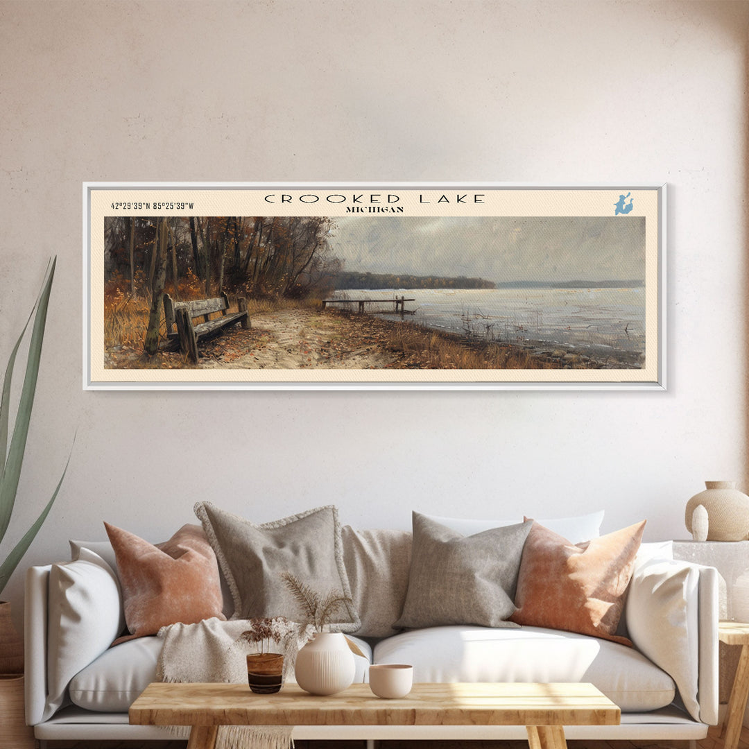 Crooked Lake Michigan Framed Canvas Print, Lake House Art, Panoramic Wall Art, Travel Poster, Minimalist Lake Painting, Home Decor