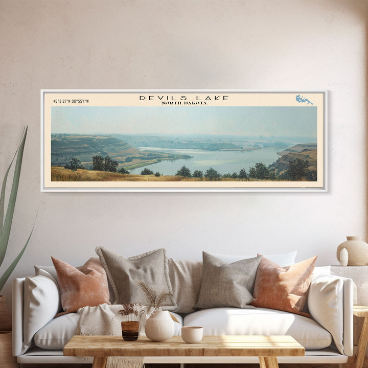 Devils Lake North Dakota Framed Canvas Print, Lake House Art, Panoramic Travel Poster, Wall Art, Modern Lake Painting, Home Decor