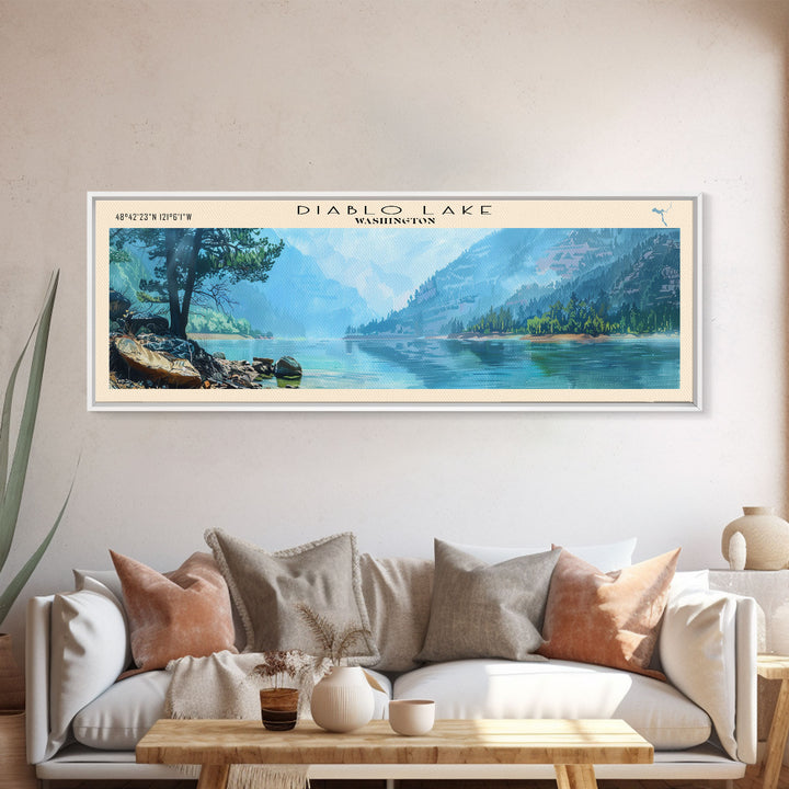 Diablo Lake Washington Framed Canvas Print, Lake House Art, Panoramic Wall Art, Travel Poster, Minimalist Lake Painting, Home Decor