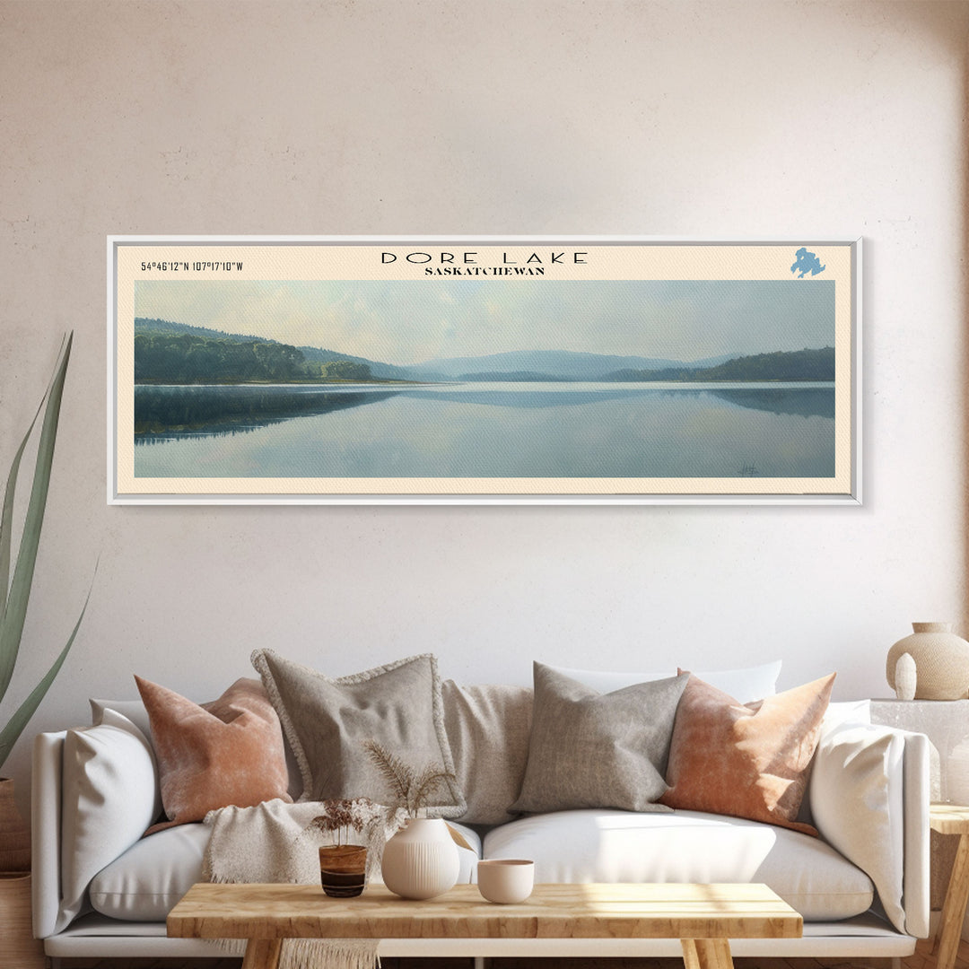 Dore Lake Framed Canvas Print, Lake House Decor, Panoramic Wall Art, Travel Poster, Rustic Lake Painting, Home Decor