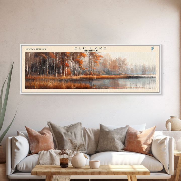 Elk Lake Michigan Framed Canvas Print, Lake House Art, Panoramic Wall Art, Travel Poster, Minimalist Lake Painting, Home Decor