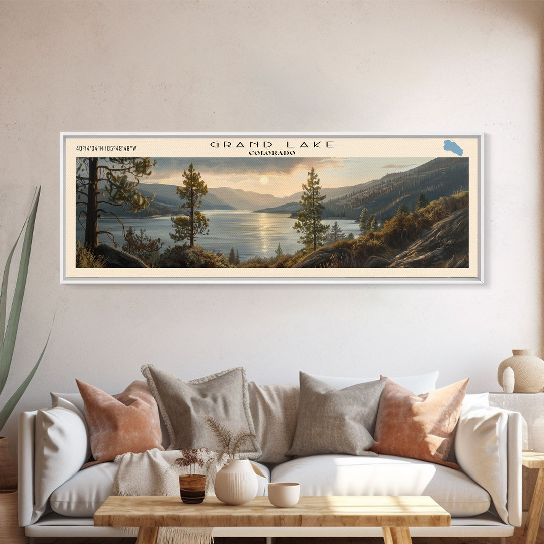 Grand Lake Colorado Framed Canvas Print, Panoramic Lake House Decor, Wall Art, Travel Poster, Stunning Lake Painting, Nature Art