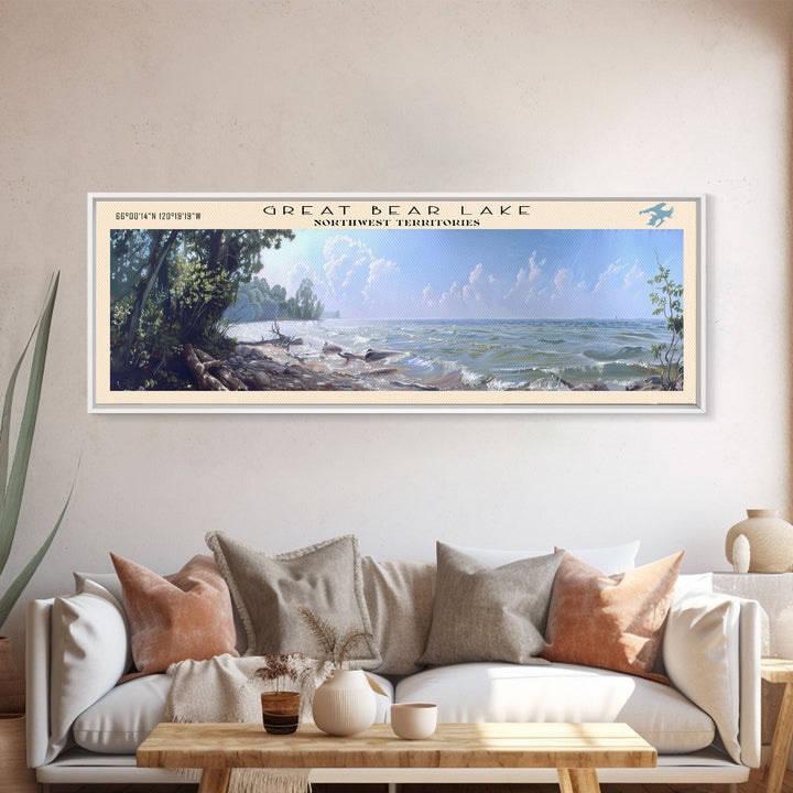Great Bear Lake Framed Canvas Print, Lake House Decor, Panoramic Wall Art, Travel Poster, Picturesque Lake Painting, Nature Art