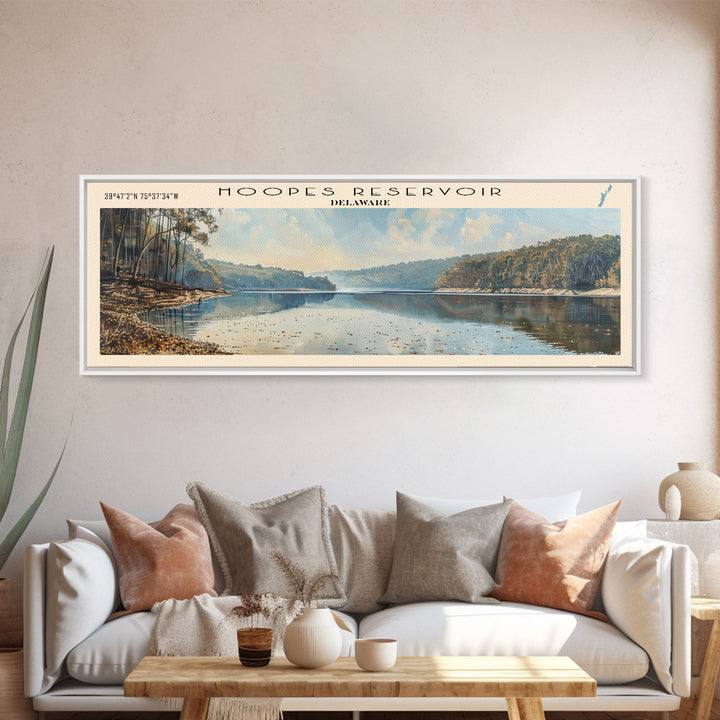 Hoopes Reservoir Delaware Framed Canvas Print, Panoramic Lake House Decor, Wall Art, Travel Poster, Scenic Lake Painting, Nature Art
