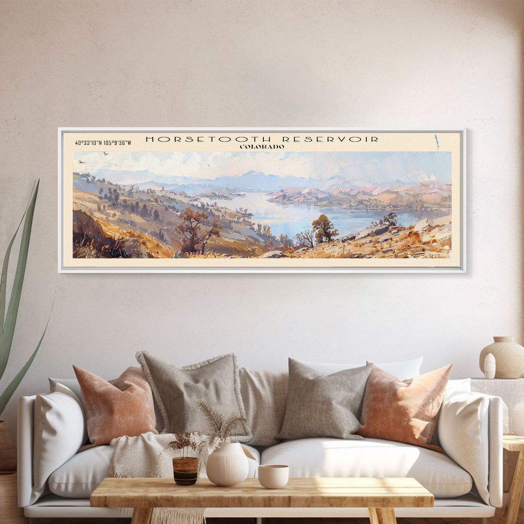 Horsetooth Reservoir Colorado Framed Canvas Print, Panoramic Lake House Decor, Wall Art, Travel Poster, Peaceful Lake Painting, Nature Art