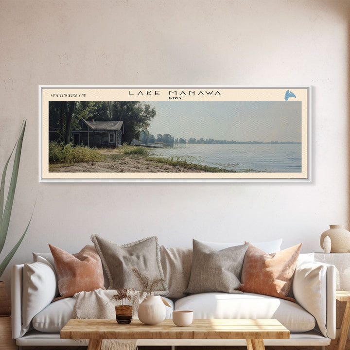 Lake Manawa Iowa Framed Canvas Print, Lake House Decor, Panoramic Wall Art, Travel Poster, Scenic Lake Painting, Rustic Art