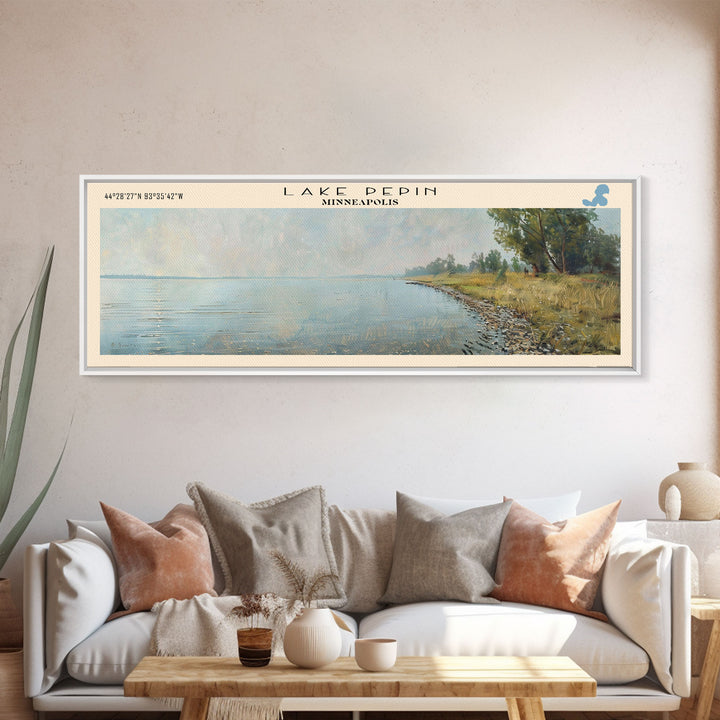 Lake Pepin Minneapolis Framed Canvas Print, Lake House Decor, Panoramic Wall Art, Travel Poster, Stunning Landscape Painting, Contemporary Art