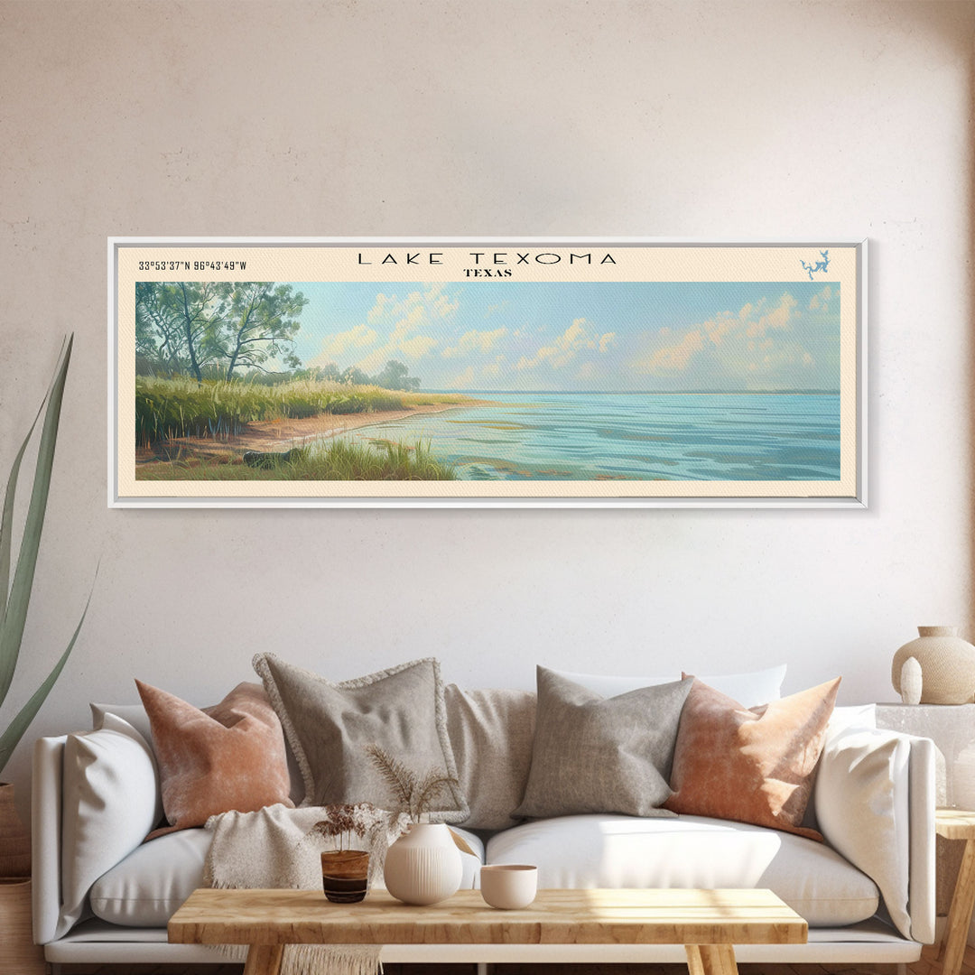 Lake Texoma Texas Framed Canvas Print, Lake House Decor, Panoramic Wall Art, Travel Poster, Stunning Landscape Painting, Cottage Art