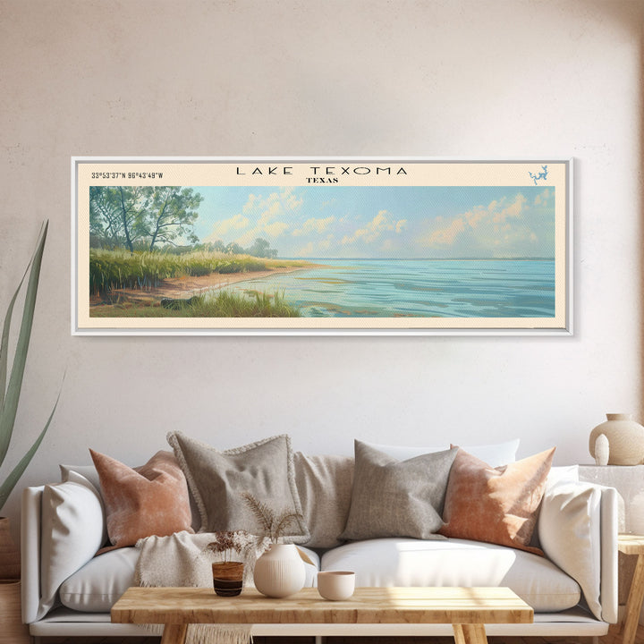 Lake Texoma Texas Framed Canvas Print, Lake House Decor, Panoramic Wall Art, Travel Poster, Stunning Landscape Painting, Cottage Art