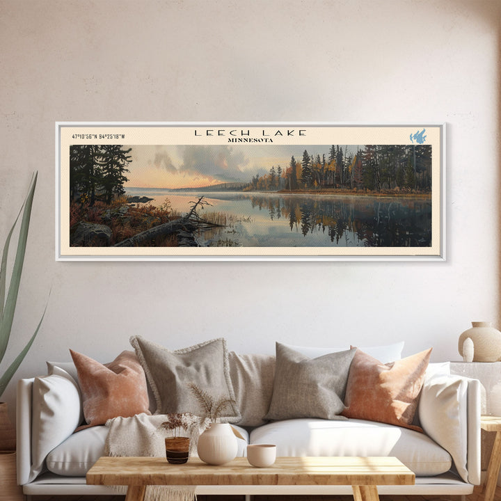 Leech Lake Framed Canvas Print, Lake House Decor, Panoramic Wall Art, Travel Poster, Landscape Painting, Cottage Art