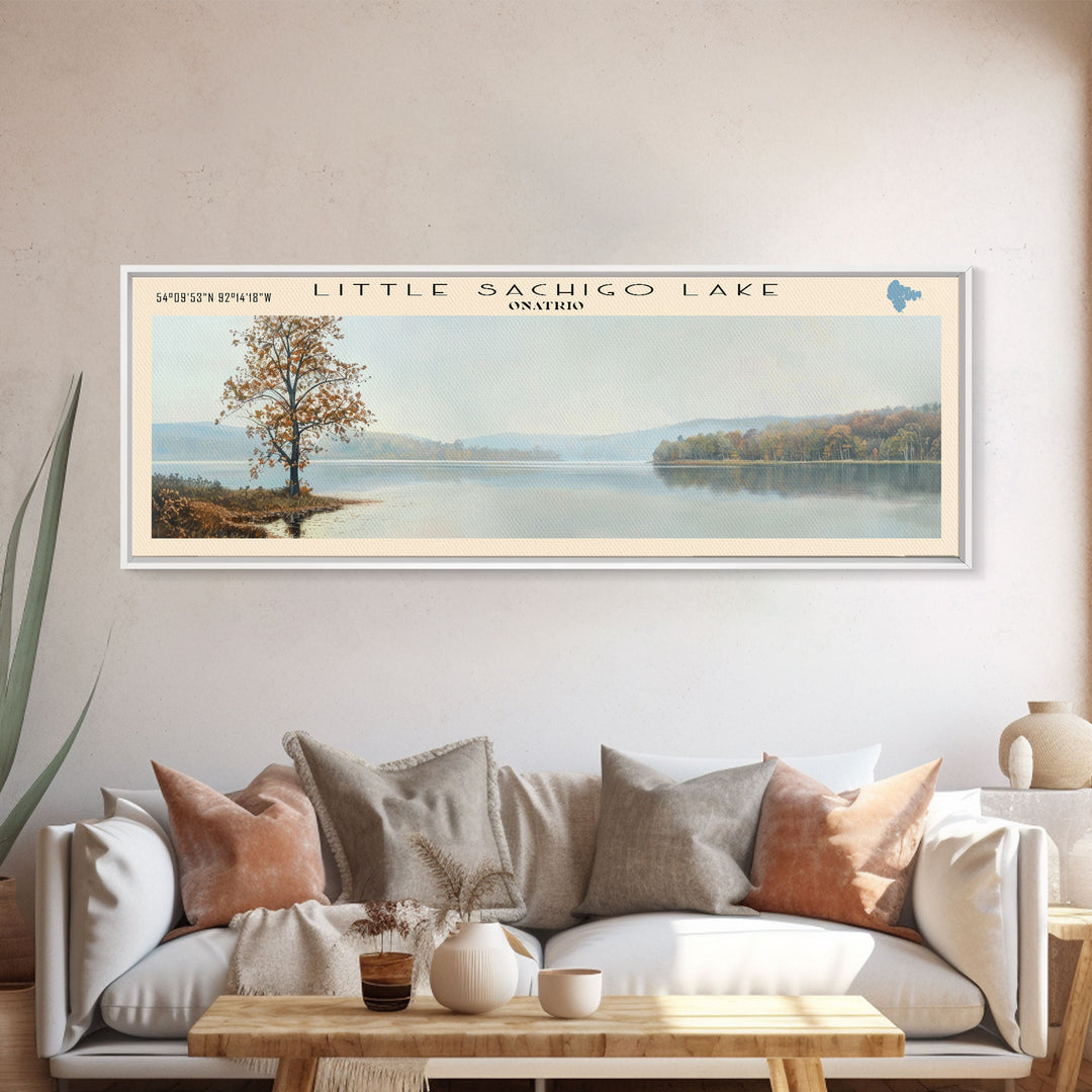 Little Sachigo Lake Framed Canvas Print, Lake House Decor, Panoramic Wall Art, Travel Poster, Scenic Landscape Painting, Bedroom Decor