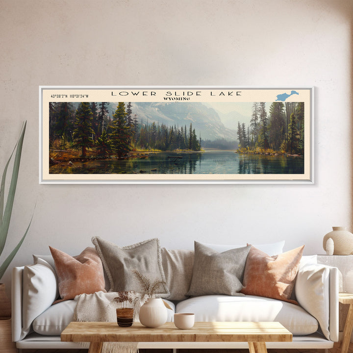 Lower Slide Lake Wyoming Framed Canvas Print, Lake House Decor, Panoramic Wall Art, Travel Poster, Landscape Painting, Bedroom Decor