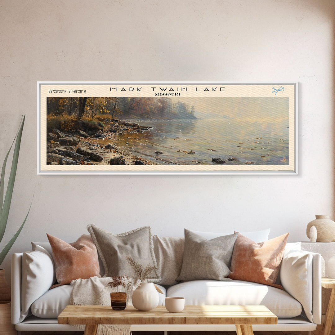 Mark Twain Lake Missouri Framed Canvas Print, Lake House Decor, Panoramic Wall Art, Travel Poster, Landscape Painting, Bedroom Decor