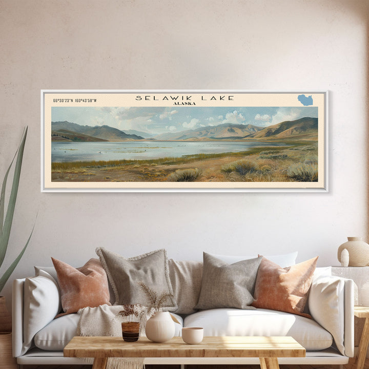 Selawik Lake Framed Canvas Print, Lake House Decor, Panoramic Wall Art, Travel Poster, Beautiful Landscape Painting, Home Decor