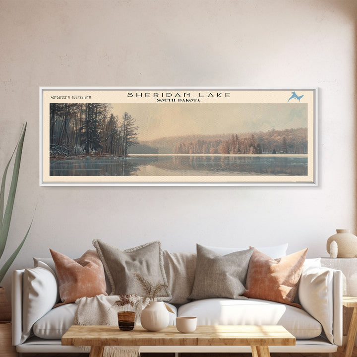 Sheridan Lake South Dakota Panoramic Framed Canvas Print, Lake House Decor, Wall Art, Travel Poster, Serene Landscape, Modern Art