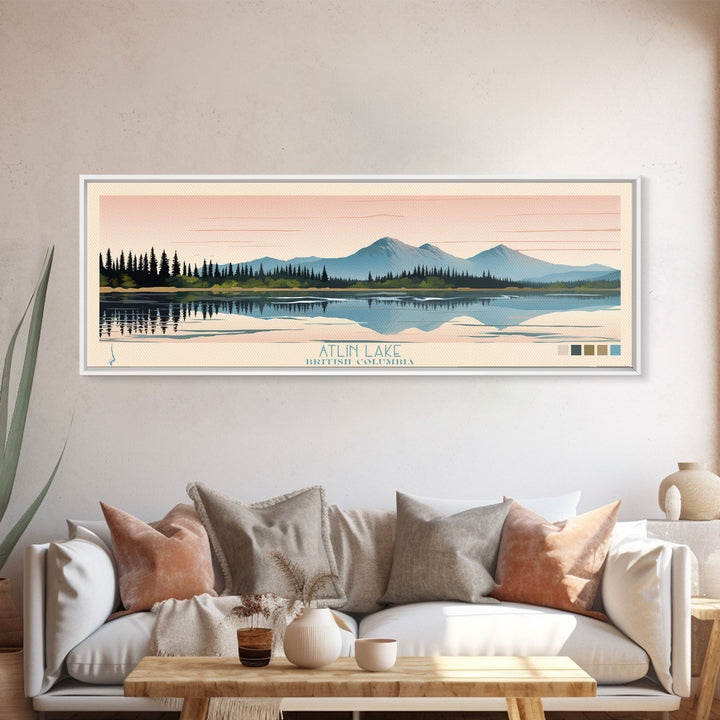 Atlin Lake British Columbia Framed Canvas Print, Panoramic Travel Poster, Midcentury Modern Wall Art, Pop Art, Bedroom Decor