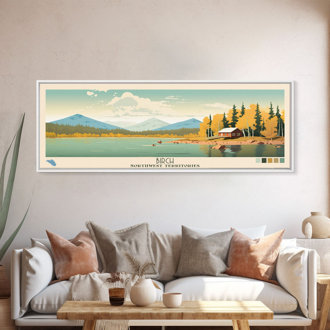 Birch Northwest Territories Framed Canvas Print, Panoramic Wall Art, Midcentury Modern, Pop Art, Travel Poster, Scenic Living Room Decor, Lake House Art