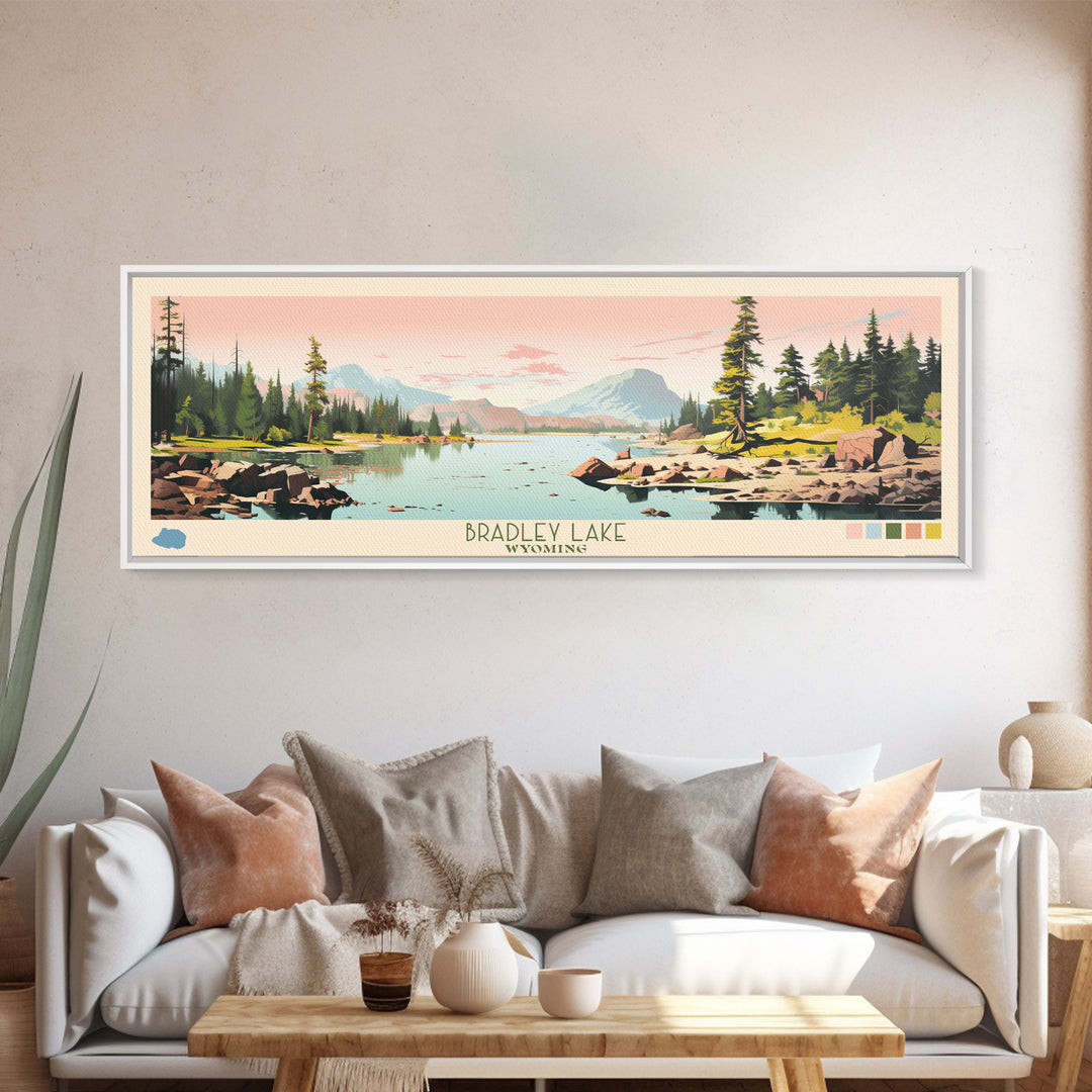 Bradley Lake Wyoming Framed Canvas Print, Midcentury Modern Panoramic Wall Art, Living Room Decor, Pop Art, Travel Poster Art