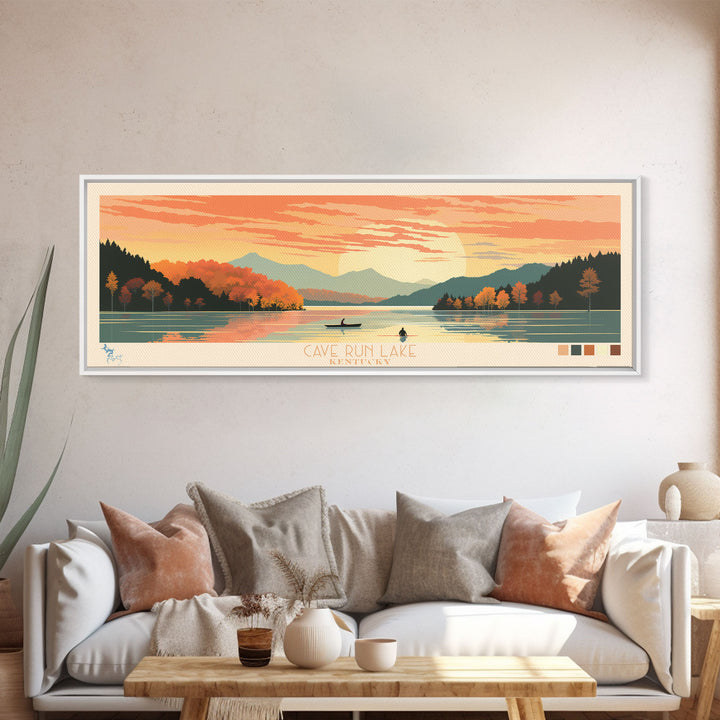 Cave Run Lake Kentucky Framed Canvas Print, Midcentury Modern Panoramic Wall Art, Living Room Decor, Pop Art, Travel Poster Art, Nature Art, Lake House Decor